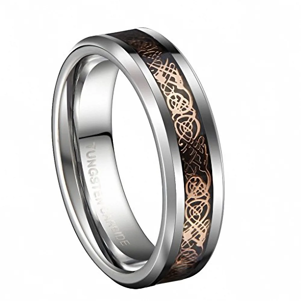 Queenwish 6mm 18K Rose Gold Plated Celtic Dragon 8mm Tungsten Carbide Stamped Ring Band