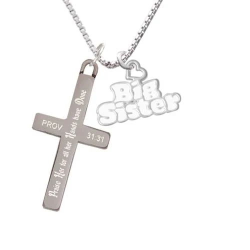 White ''Big Sister'' with Heart - Praise Her - Cross Necklace (1)