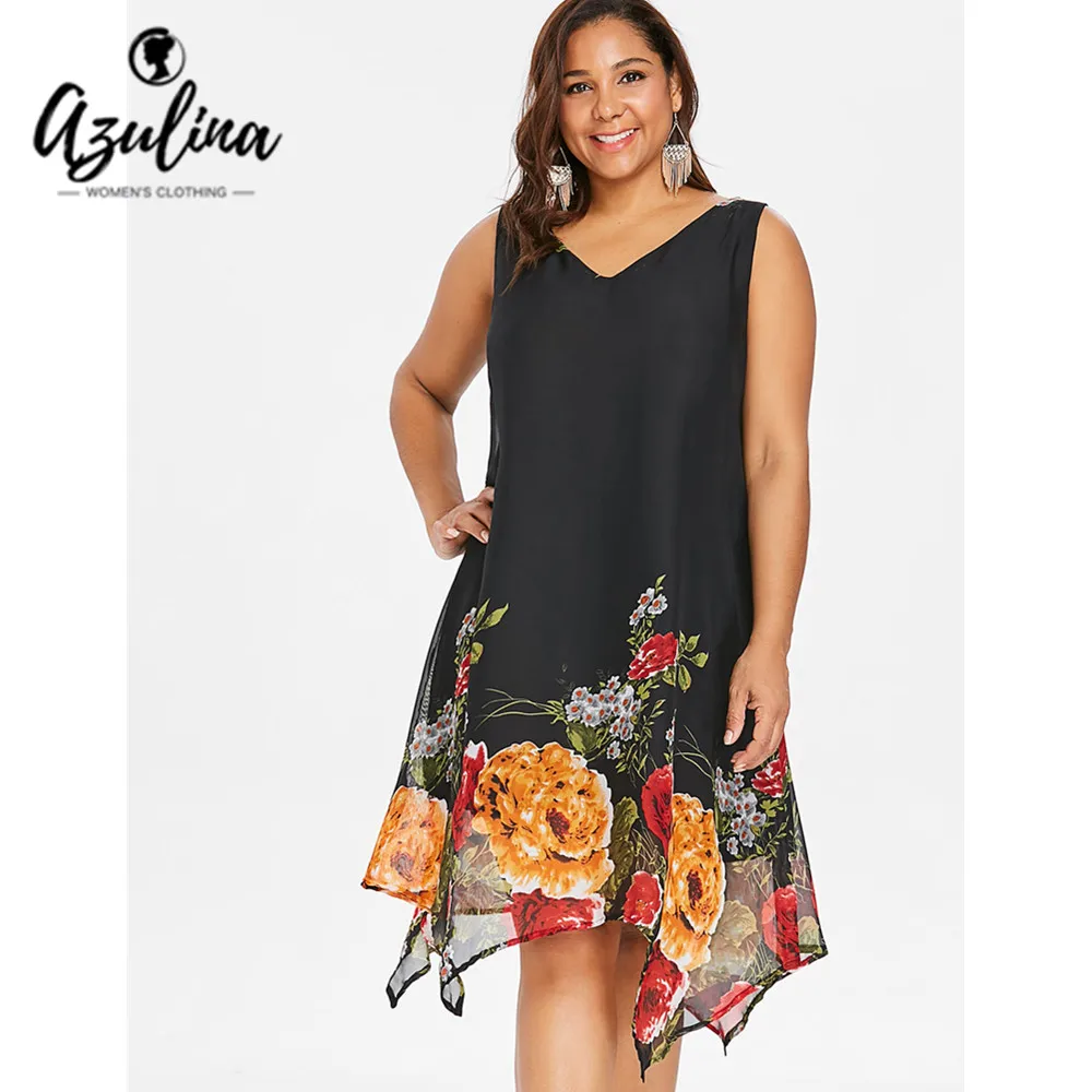 

ROSEGAL Plus Size V Neck Floral Handkerchief A-Line Dress Women Dresses Boho Sleeveless Chiffon Dress Female Vestido Big Size