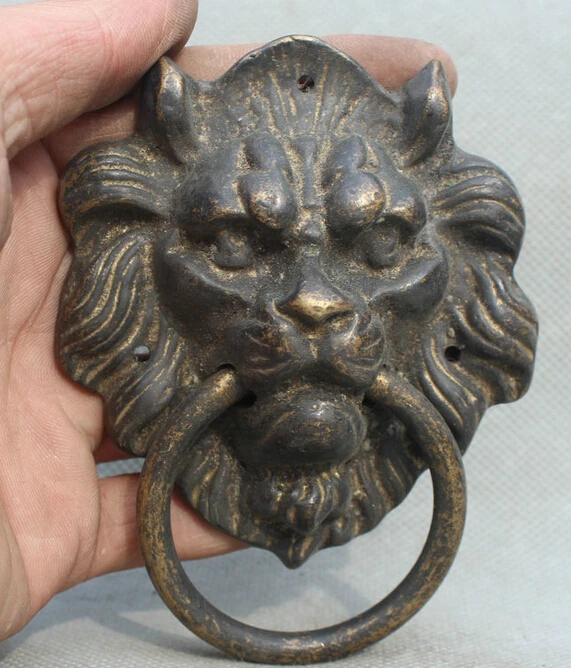 

4" Old Chinese Fengshui Bronze fierce Hui Feng Hsbc Lion Head Mask Door Knocker S0705