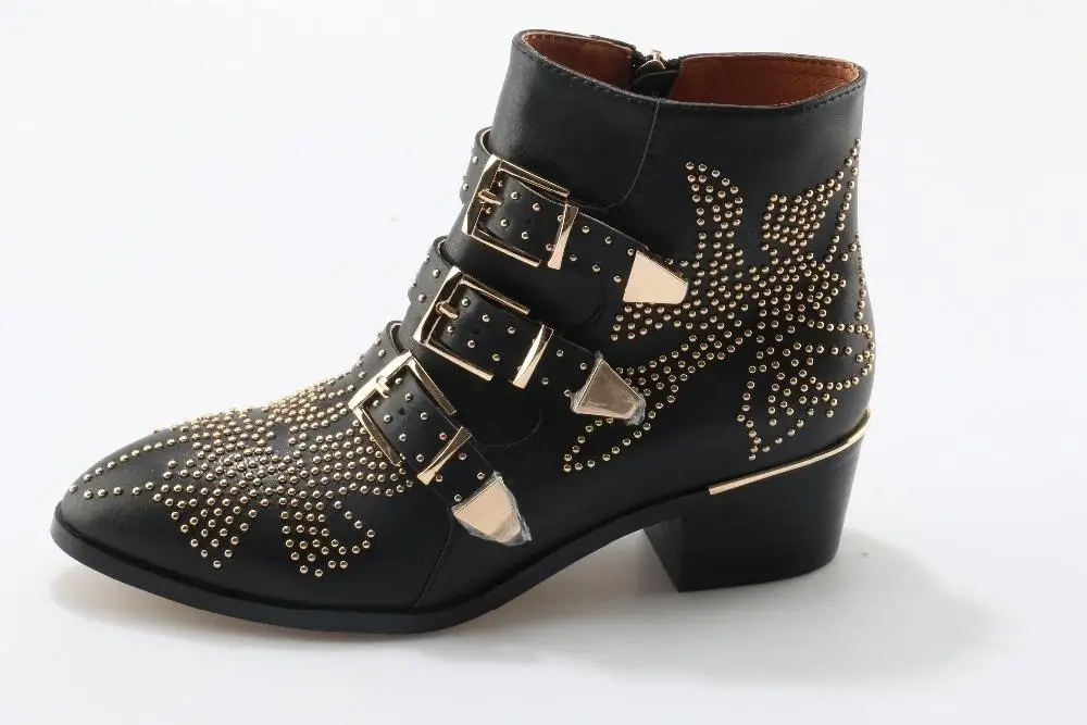 

Big Size 10 New Europe spring buckle with coarse pointed rivet rough with boots Ankle Boots Motorcycle boot Side zipper real pic