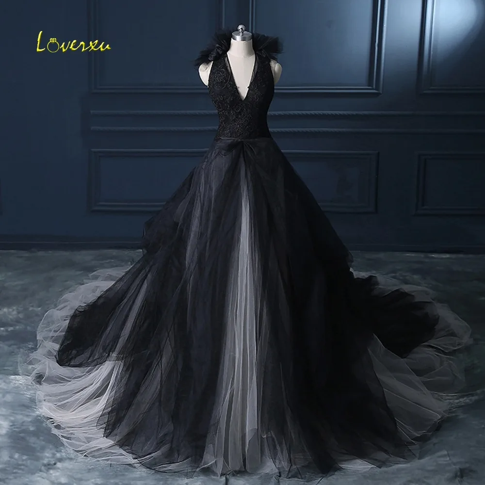 

Loverxu New Arrival Fashion Halter Neck Backless A-Line Wedding Dress 2019 Delicate Sashes Appliques Black Bride Robe De Mariage