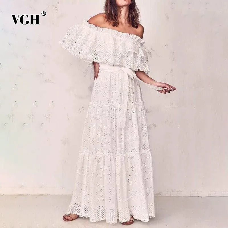 

VGH Korean A Line Women's Dress Slash Neck Off Shoulder Backless High Waist Slim Floor-Length Female Dresses Fashion New Summer