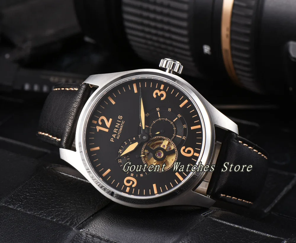 

44mm Parnis Date Black Dial Orange Marks Luminous Miyota Automatic Men's Watch