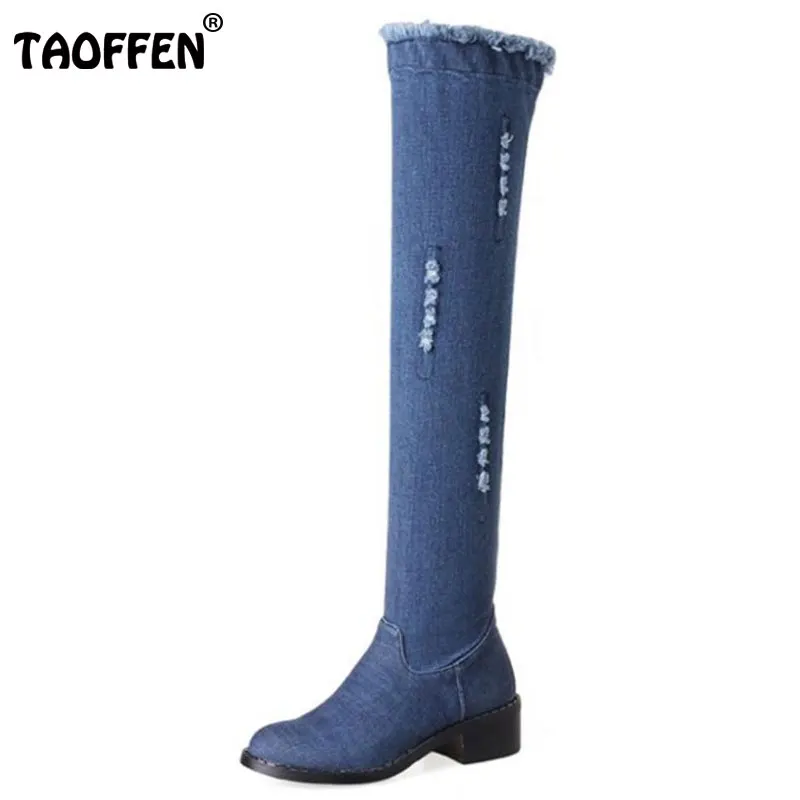 

TAOFFEN Size 33-43 Ladies High Heel Boots Round Toe Denim Scratch Thich Heel Boot Warm Winter Club Party Fashion Fooetwears