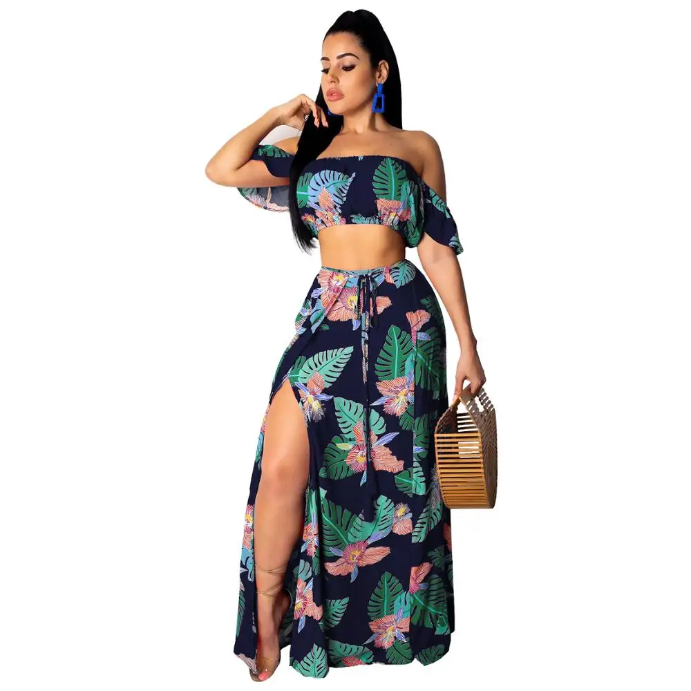 

2019 Summer Two Piece Set Women Sexy Off Shoulder Ruffles Crop Top Skirts Floral Print 2 Piece Suits Floral Print Female Casual