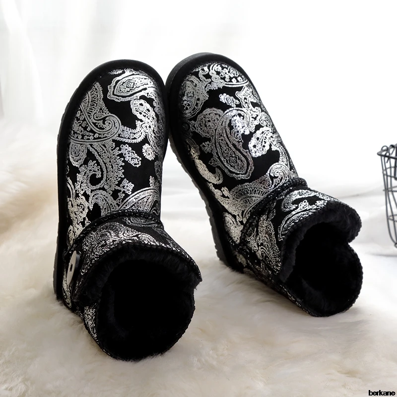 

Genuine Leather Ankle Snow Boots Cow Suede Fur Buckle 2019 Plush Female Winter Warm Shoes Snowboots Flats Large Size 48 Bling