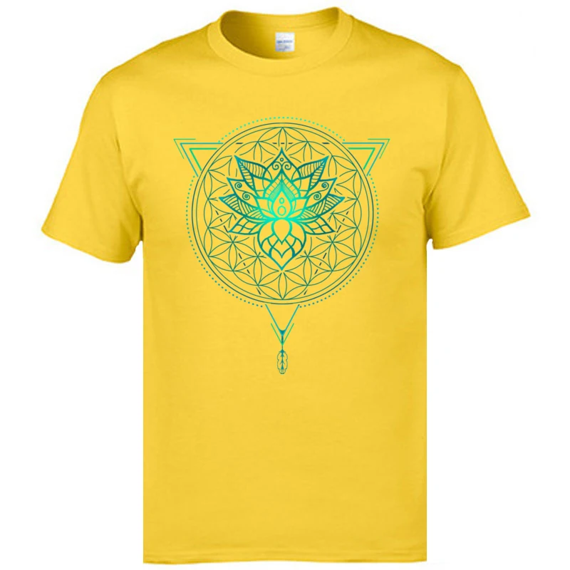 Leisure Slim Fit Tops Tees Short Sleeve for Adult 100% Cotton Summer Fall Round Neck T Shirt Summer Tops Tees 2018 Newest Lotus Flower of Life Mandala in Geometric Triangle yellow