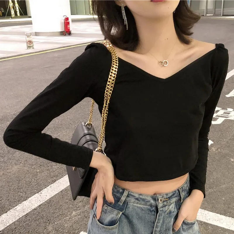 

2019 Spring New Casual Back Hollow V-neck T Shirt Women Slim Long-sleeved Short T-shirt Women Tops Streetwear
