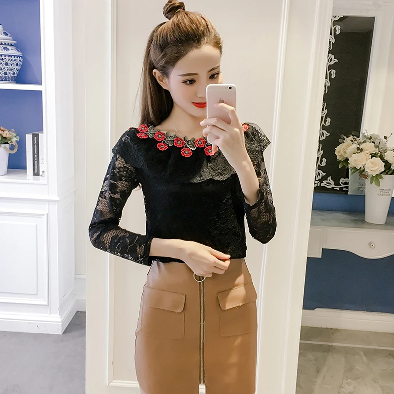 2018 модные кружевные женские топы blusas сексуальное кружево Женская блузка рубашка