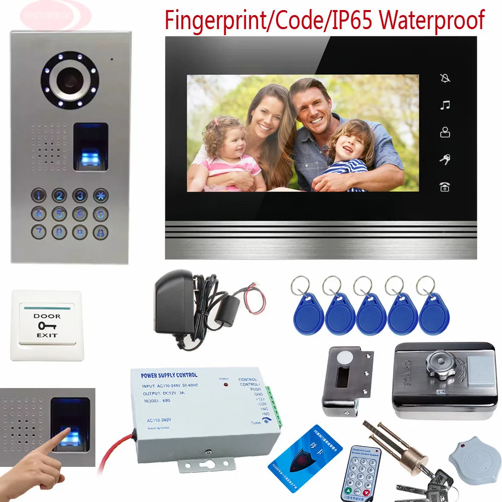 

New Fingerprint Key Intercom Video Doorphone Kit With Touch Buttons Color 7" Metal Lcd Home Intercom IP65 Waterproof Rfid Lock