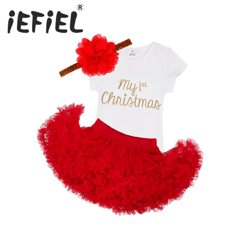 

iEFiEL Newborn my 1st Christmas new year outfits Romper Jumpsuit flower layers skirt with elastic waistband with Tutu Skirt