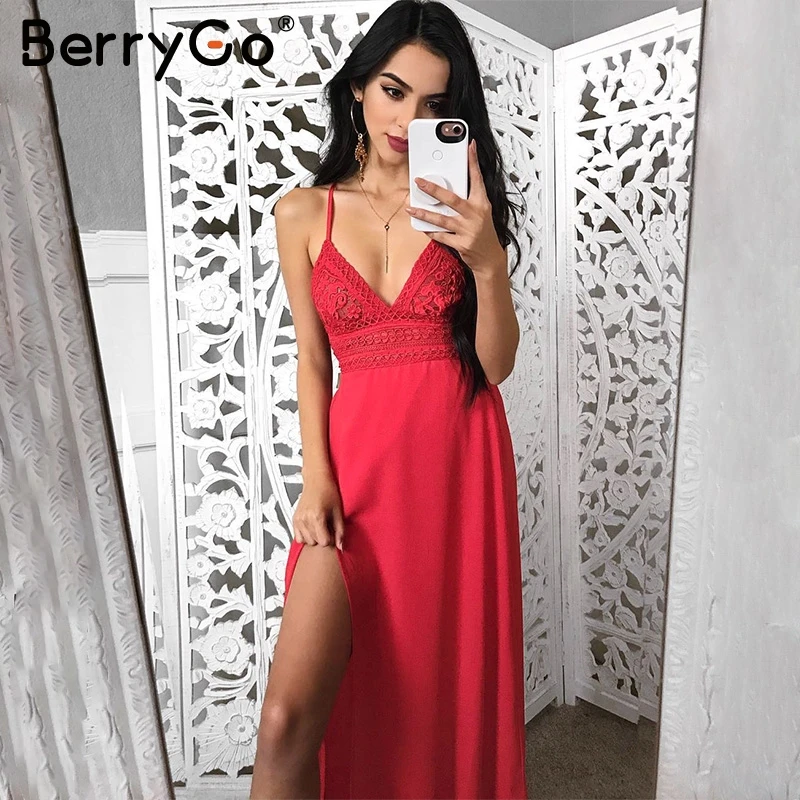 

BerryGo Boho floral print strap lace dress women Lace up v neck red sexy dress Summer 2019 side split beach maxi dress vestidos