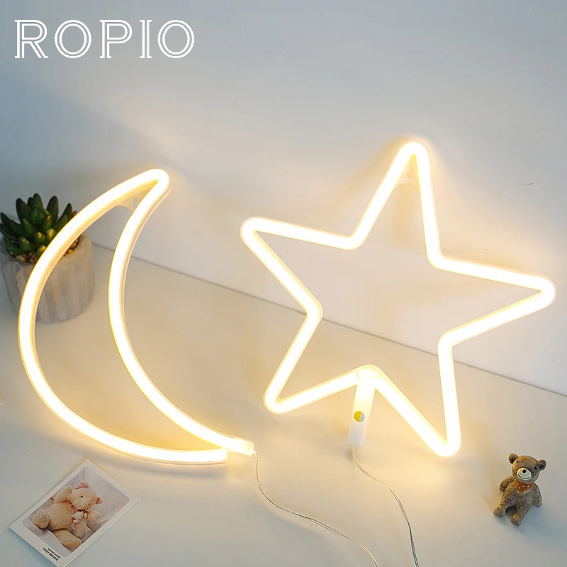 Beste ROPIO 3D Ster Maan Vorm LED Nachtlampje Muur Opknoping Neon Licht voor Festival Party Tuin Bruiloft Decoratie USB Batterij Power