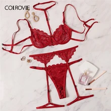 COLROVIE, красный цветочный кружевной комплект нижнего белья с подвязками, женское нижнее белье,, бюстгальтер на косточках и стринги, Дамский комплект нижнего белья