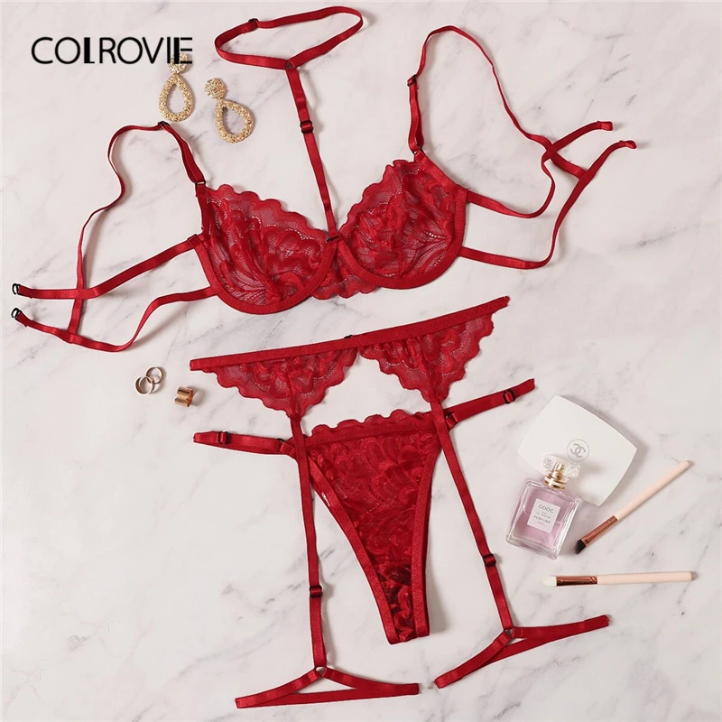  COLROVIE Red Floral Lace Garter Lingerie Set With Choker Women Intimates 2019 Underwire Bra And Tho