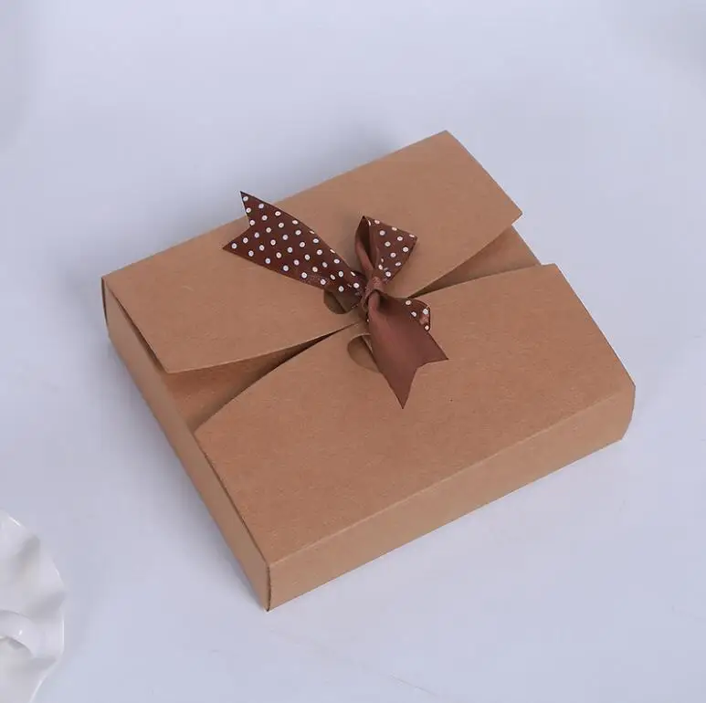 

17*15*4.5cm 10pcs Blank kraft paper box with bow gift carton packaging craft box with ribbon kraft cardboard gift box