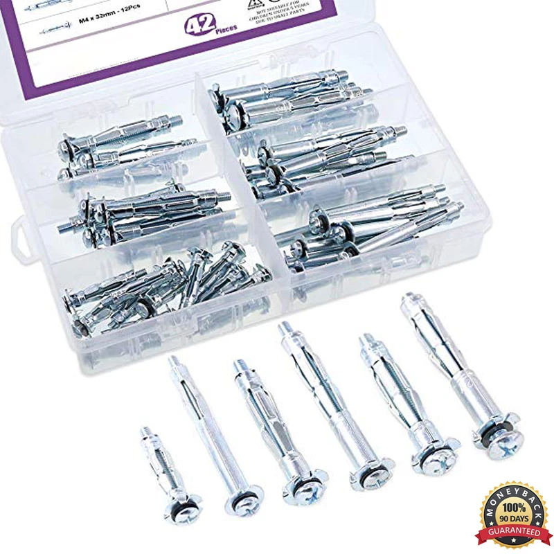 42Pcs Mollys Bolt Assortment Kit Hollow Wall Anchors Screws Perfect for
