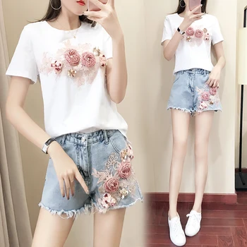 

5xl plus big size women set clothing spring autumn summer 2018 loose thin white t shirt denim short two pieces suit female A5049