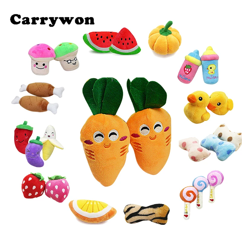 

CARRYWON Pet Dog Puppy Chew Toys Anti Bite Squeaker Squeaky Plush Sound Fruits Vegetables Feeding Bottle Designs Pet Toy product