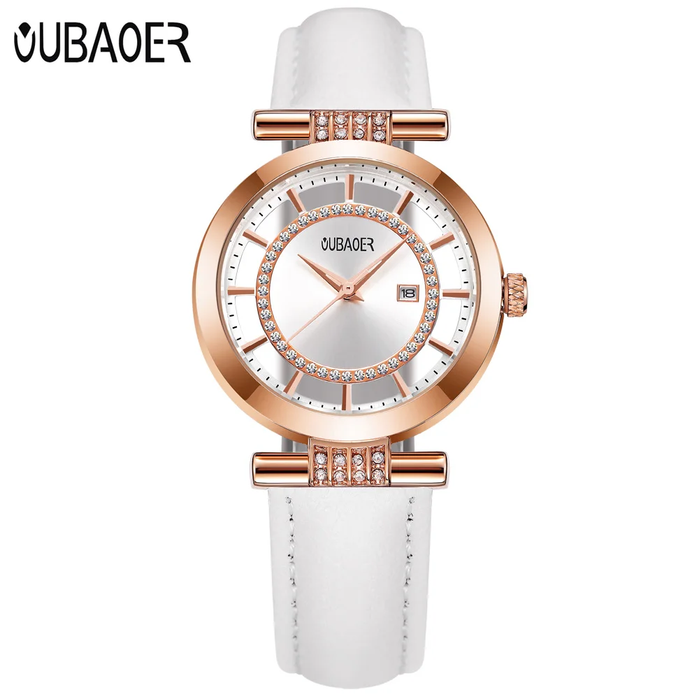 

Women Watch OUBAOER Rose Gold Transparent Dial Luxury Brand Fashion Quartz Watch White Skeleton Genuine Leather wrist watches