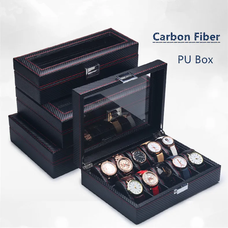 

New Carbon Fiber Watch Box With Glass Fashion Black PU Leather Watch Storage Boxes New Watch And Jewelry Gift Display Case
