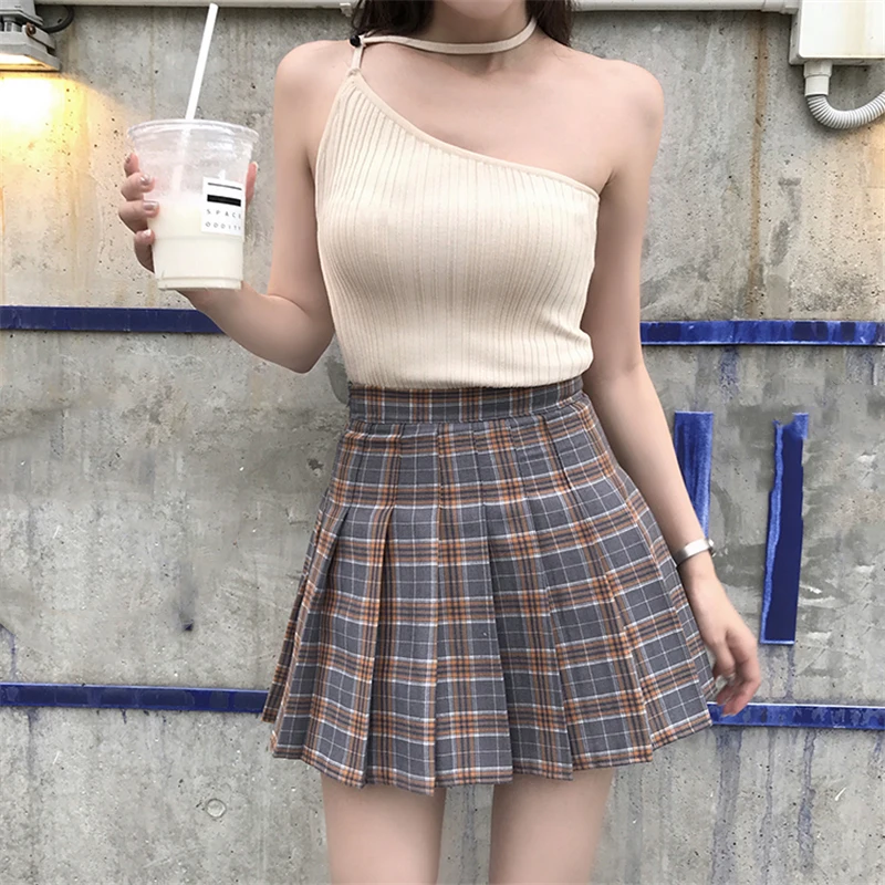 

Chic Vogue Women Plaid Skirt A-Line Harajuku Solid Color Sweet Pleated Cute High Waist Kawaii Skirts Casual Pleated Mini Skirt