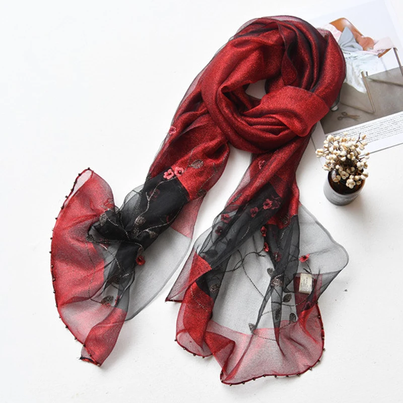 Luxury Brand Women Scarf High Quality Silk Scarves Shawl Lady Soft Wool Pashmina Elegant Embroidery Pearl Scarf Wrap Winter