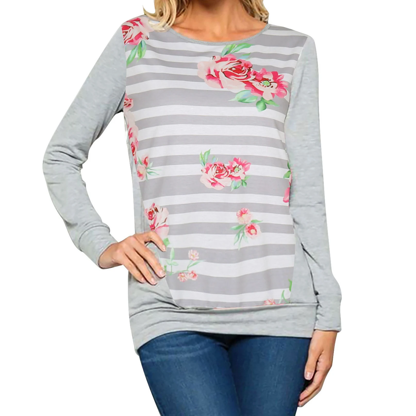 

Women Floral Printed T -Shirt Sweatshirt Winter Female Striped Autumn Tshirt Long Sleeve Shirts Casual Flower Hoodies 2018