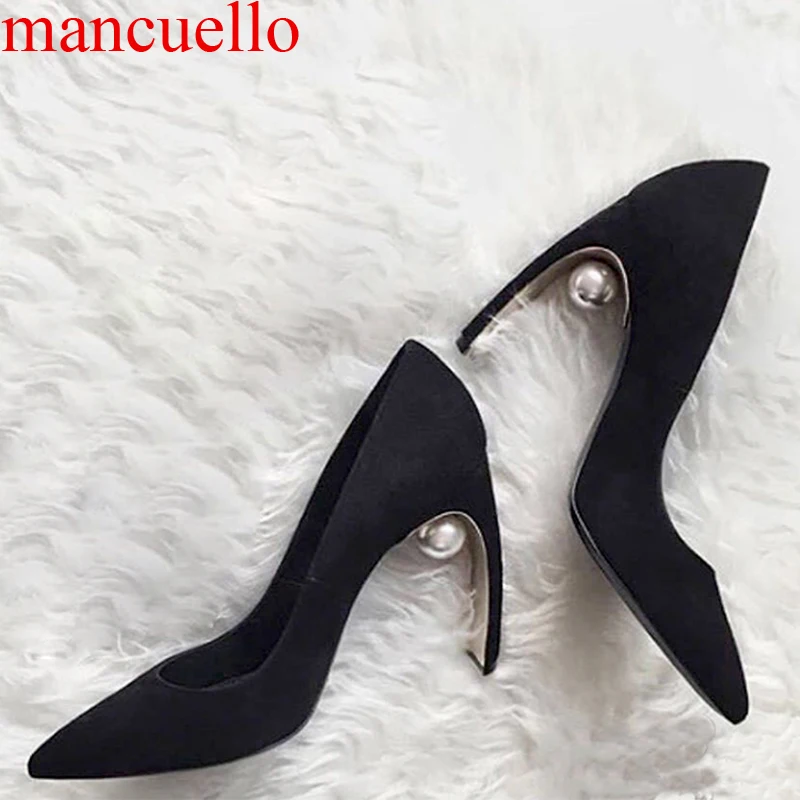 

2017 New Big Pearls Decor Curved High Heels Woman Suede Leather OL Pumps Pointed toe Slip on Wedding Pumps Shoes for ladies