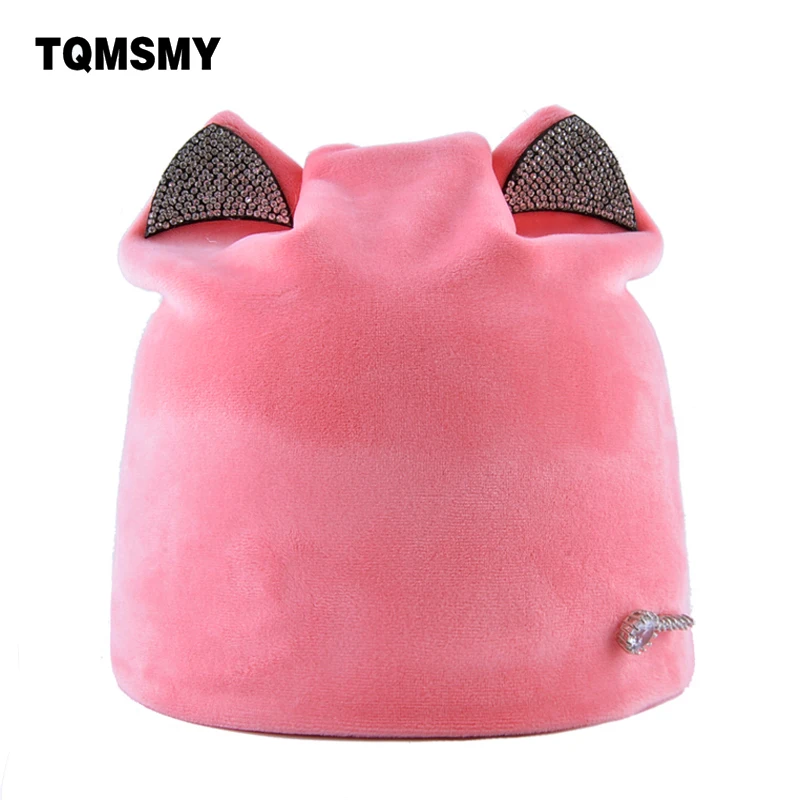 

TQMSMY Rhinestone Cat bone Lovely Autumn hats for women beanie Russia girls winter beanies Ladies gorros Flannel Soft Caps