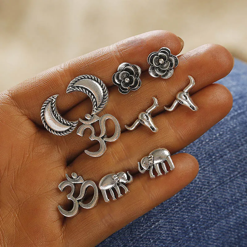 

Boho Silver Color Stud Earrings Set Simple Retro Fashion Earrings For Women Star Stud Earing Brincos Jewelry Earings