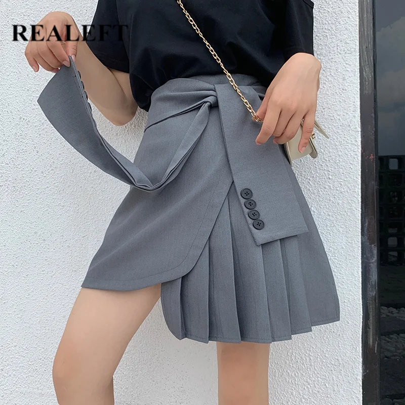 REALEFT Новое поступление женские элегантные плиссированные мини юбки с асимметричным бантом высокая посадка на пуговице Harajuku Тюль Короткие офисные юбки