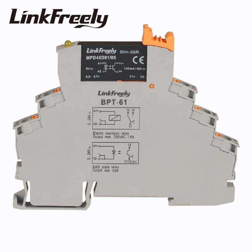 

MPD48D01/05BPT Plug-in Spring Electric Voltage Relay Module & Board 5V DC In 48VDC 1A Out DC DC SSR Solid State Relay Din Rai