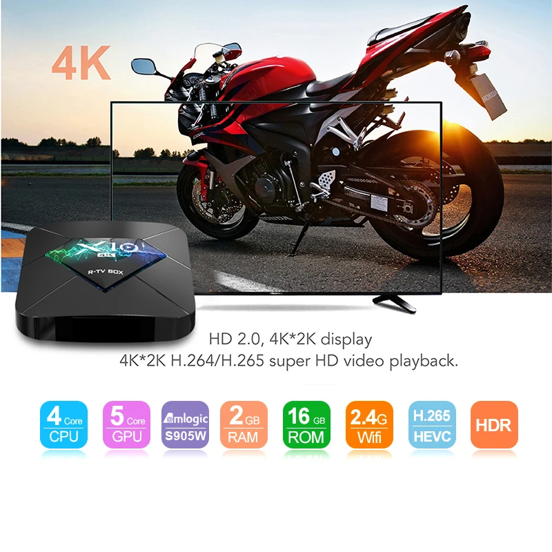 В виде буквы «R» ТВ коробка Android 7,1 ТВ Box Amlogic S905w Quad-Core 2 Гб Оперативная память 16 Гб Встроенная память 2,4G, Wi-Fi, 1080 P H.265 4 K Google Play Netflix Media Player