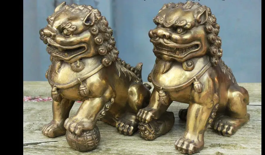 

6711159130++Classic China FengShui Brass Fu Foo Dog Lion Guarding Door Statue Figurine Pair