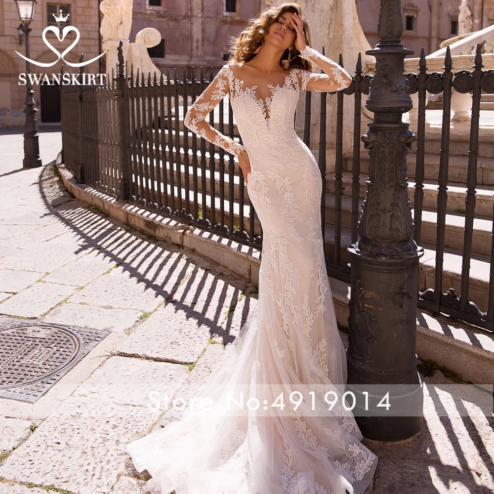 Swanskirt Glamorous Long Sleeve Detachable Train Wedding Dress Luxury Beaded Scoop Princess Bride Gown Robe De Mariage LZ09