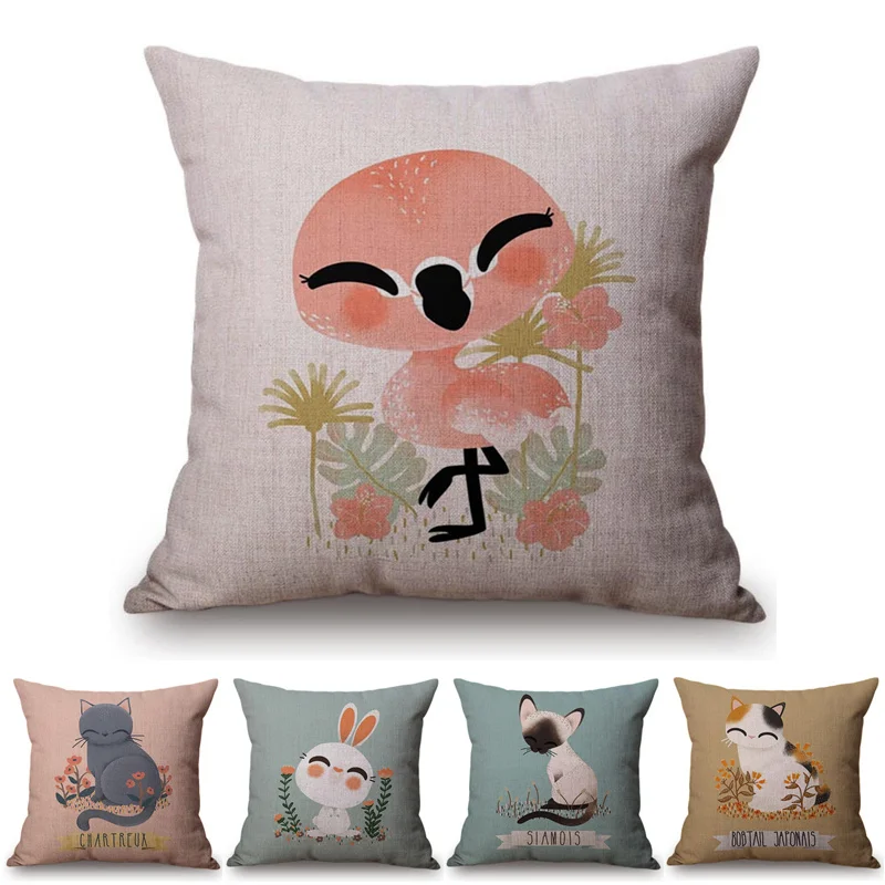Cartoon Animals Cushion Cover Cute Cat Fox Rabbit Flamingo Design Throw Pillow Cotton Linen Sofa Decorative Case | Дом и сад