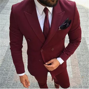 

2018 Double Breasted Burgundy Men Suit Blazer Groom Tuxedo Wedding mens suits Slim Fit Fashion Terno 2 Pieces (Jacket+Pants)