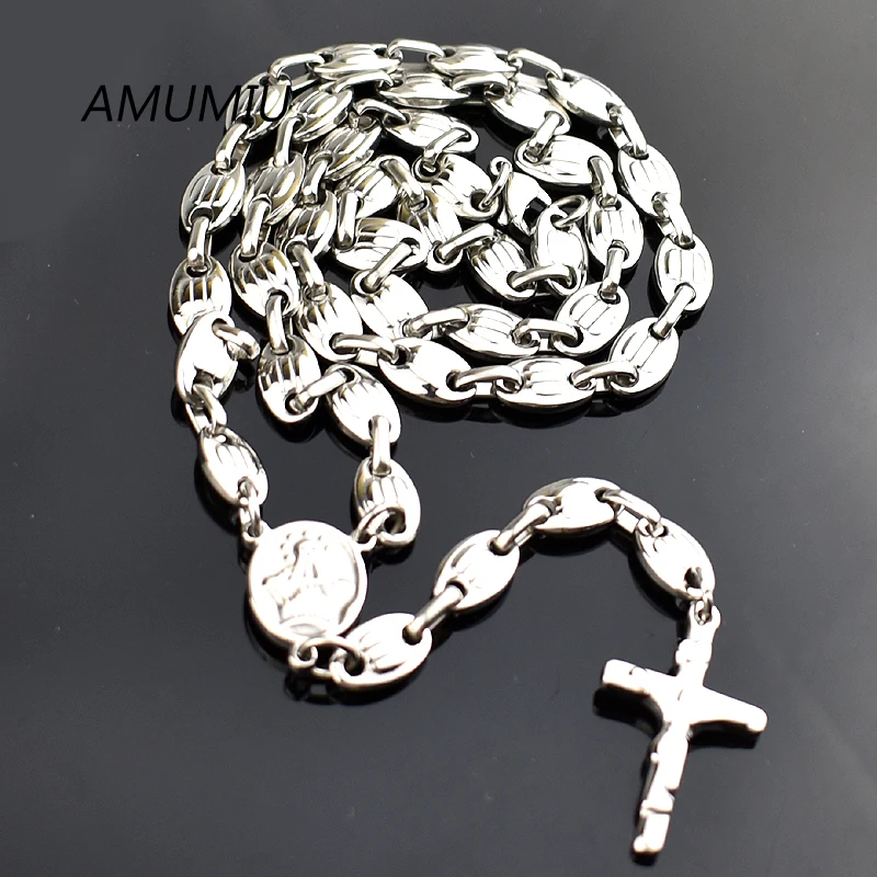 

AMUMIU 6mm,Christmas Religious Jewelry Catholic, Stainless Steel Necklace Cross for Men Beads Rosary Necklace HN088