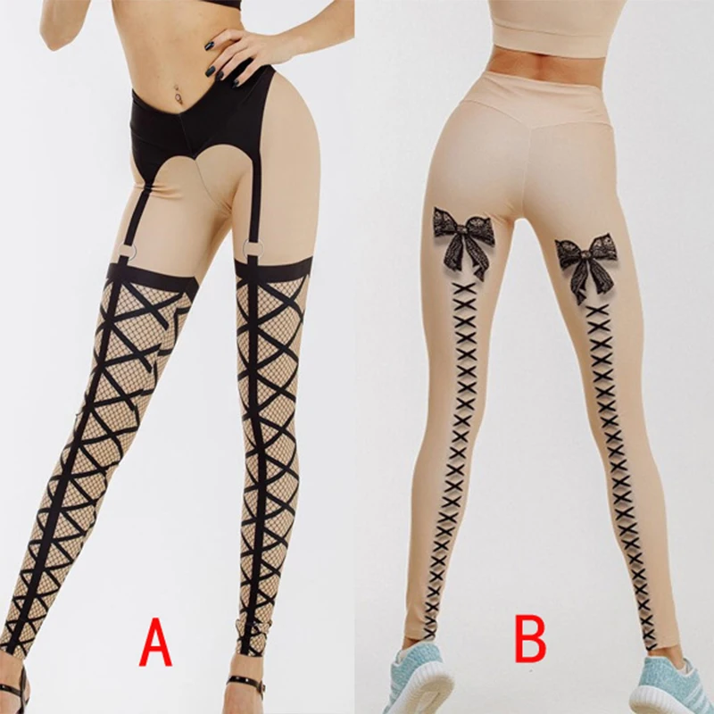

New Women Bandage Printed Leggings Thick Beige Black Sexy Club Dance Leggins High Elastic Lace Printed Long Pants 2019 Sexy