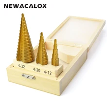 NEWACALOX Large Step Cone HSS Steel Spiral Grooved Step Drill Bit Hole Cutter Cut Tool 4-12/20/32mm with Wood Box 3pcs/Set