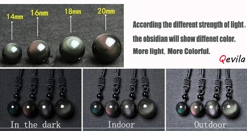 Qevila Natural Stone Pendant Necklaces for Women Men Black Obsidian Rainbow Eye Beads Ball Transfer Good Lucky Love Energy Stone (1)