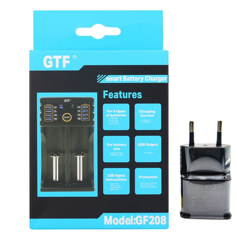 

GTF 18650 Battery Charger For 26650 16340 RCR123 14500 LiFePO4 1.2V Ni-MH Ni-Cd 5V 2A USB plug For AAA AA 18650 cells New GF208