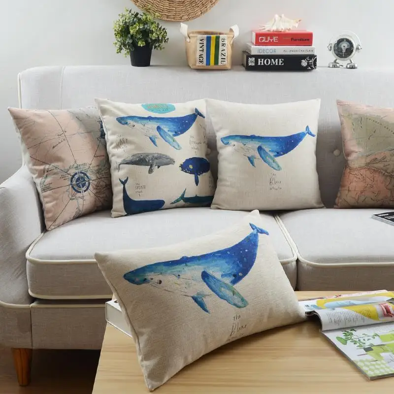 

Mediterranean pillow Ocean Whale cushion Linen pillowcase throw pillow home decorative sofa cushions