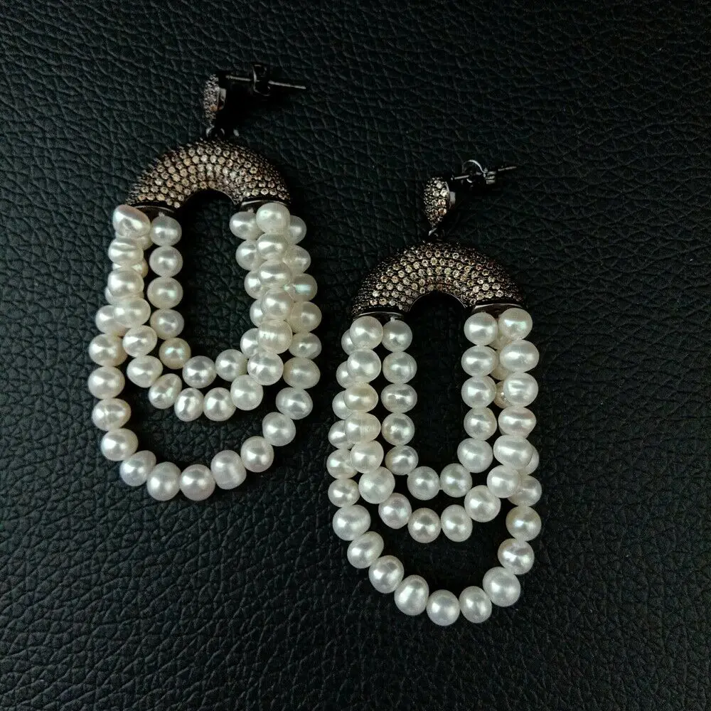

White Pearl Brown CZ Pave Post Earrings