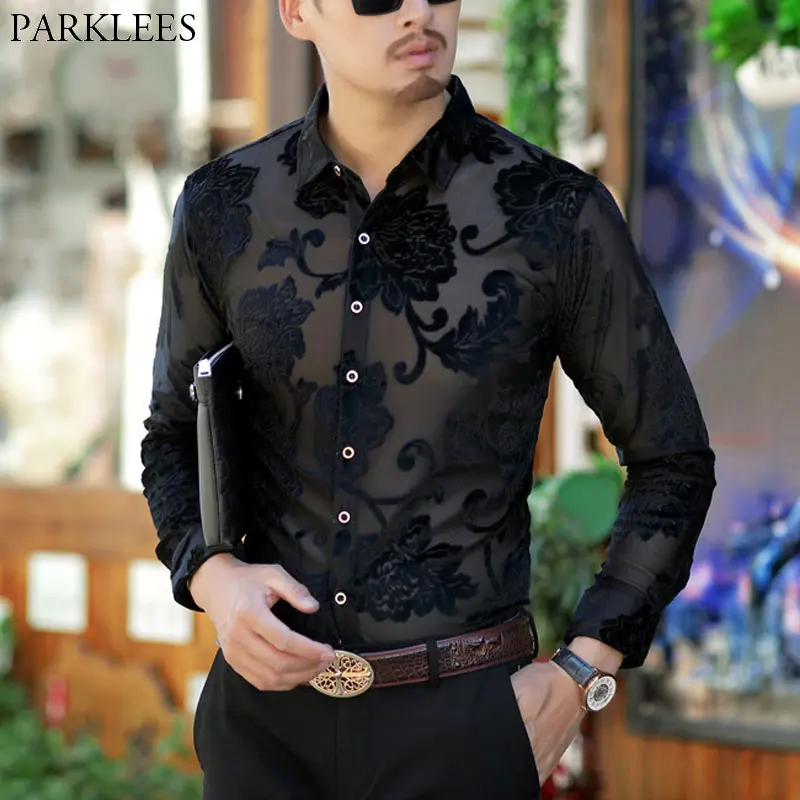 Camisa transparente de lujo para hombre, camisa de encaje con bordado Sexy, transparente|Camisas informales| - AliExpress