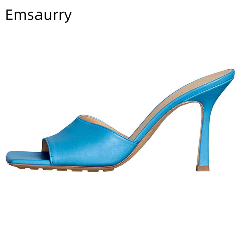 

Genuine Leather Open Toe High Heel Slippers Women Individual Square Toe Thin Heels Fashion 2019 Summer Outwear Shoes Woman