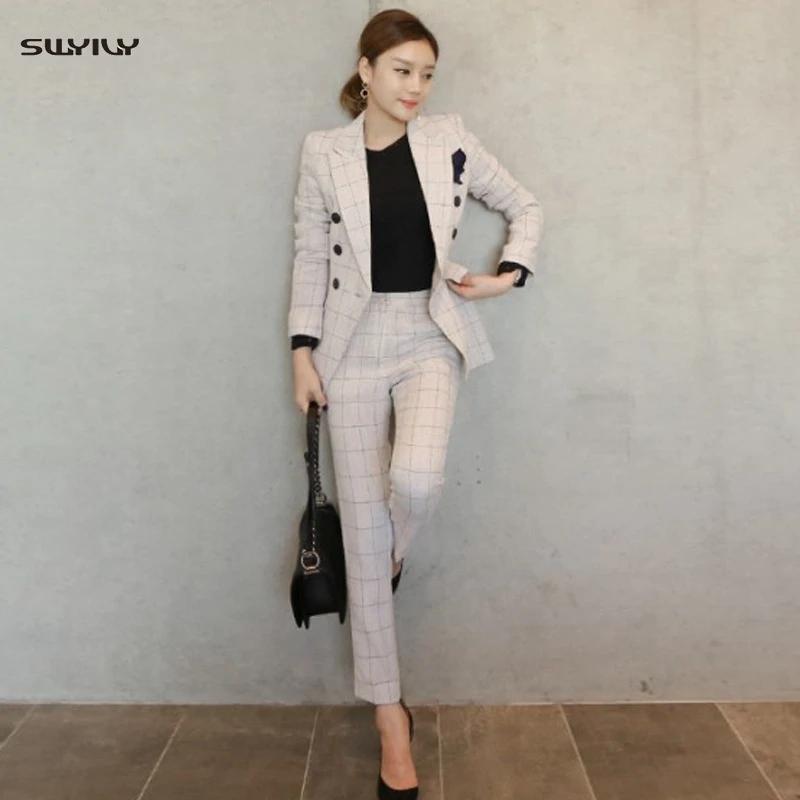 

Female Casual Suits Long Sleeve Double-breasted Lapel Professional Trousers Suit Set Fit White Plaid OL Straight Pants Suits
