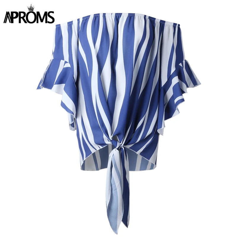 

Aproms Black White Stripes Off Shoulder Chiffon Blouse Women Fashion 2019 Streetwer Short Flare Sleeve Shirt Summer Bow Tie Top